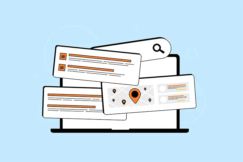 Search results, ads, location, and reviews on laptop monitor