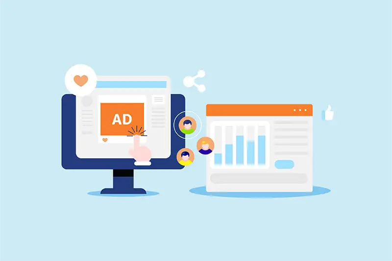 Social media ad on monitor and browser with growth chart metrics