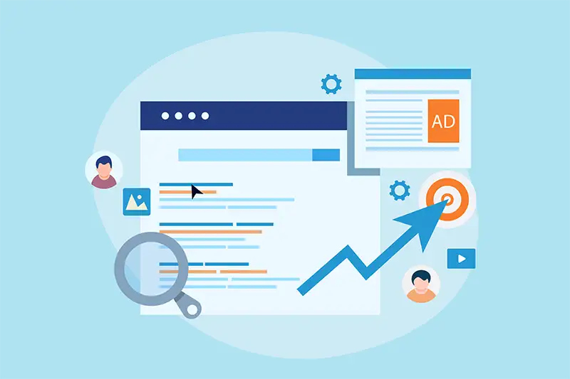 Website browser with search results and ad with magnifying glass