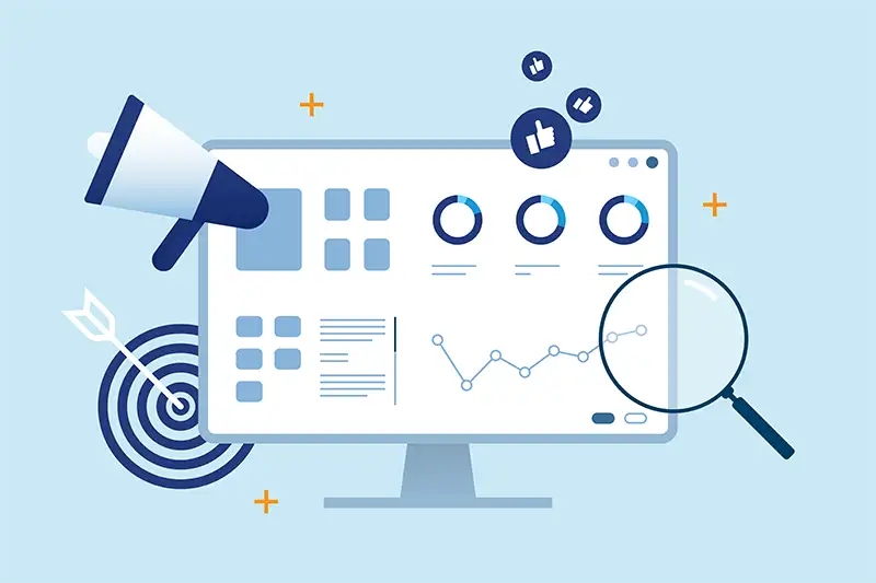 Megaphone and magnifying glass icons surrounding search browser
