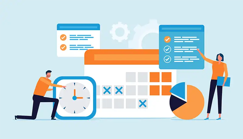 People working on schedule with charts, graphs, and calendar People working on schedule with charts, graphs, and calendar