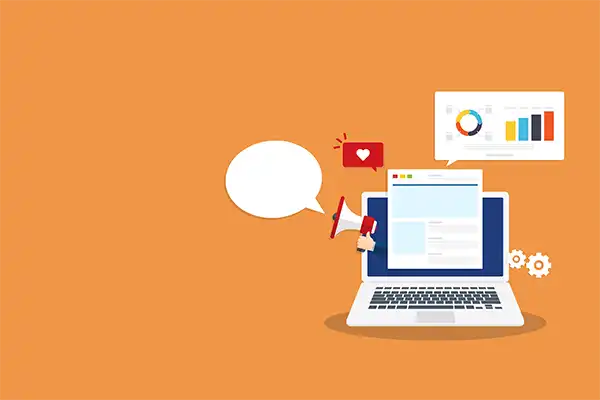 Laptop with megaphone, speech bubble, metrics chart, and 'like' heart