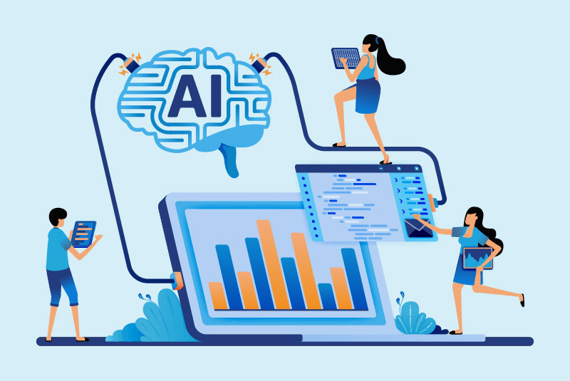 Illustration of people guiding AI to help with dentistry Illustration of people guiding AI to help with dentistry