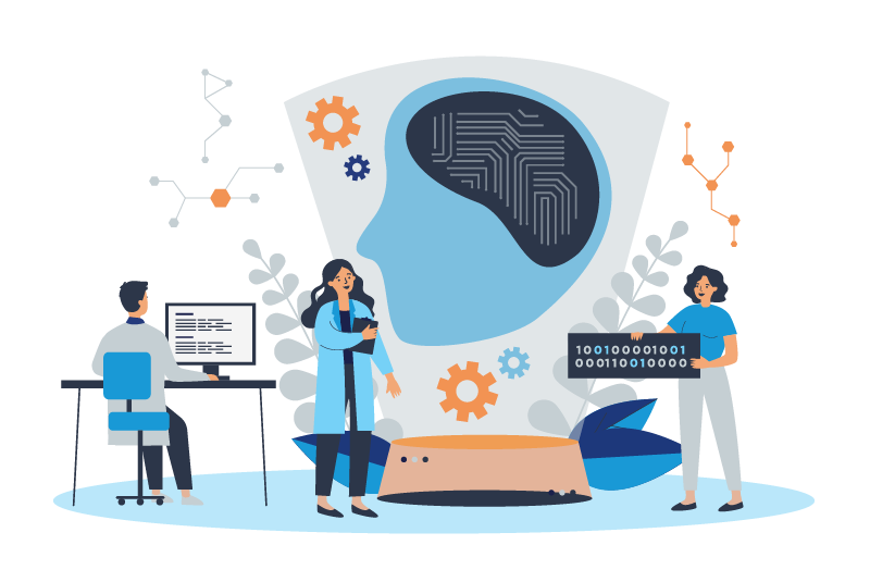 Illustration of dentists guiding AI to help with their practice and treatment planning Illustration of dentists guiding AI to help with their practice and treatment planning