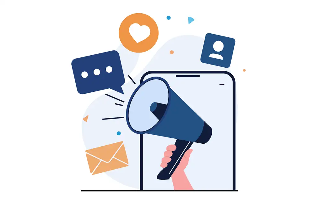 Cell phone screen with megaphone surrounded by email, chat, heart, and profile icons Cell phone screen with megaphone surrounded by email, chat, heart, and profile icons