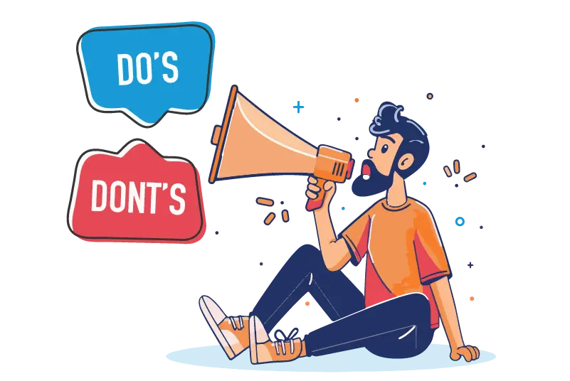 Man sitting holding a megaphone with the words do's and dont's in speech bubbles Man sitting holding a megaphone with the words do's and dont's in speech bubbles