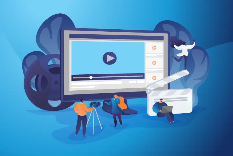 Illustration of characters interacting with a marketing video Illustration of characters interacting with a marketing video