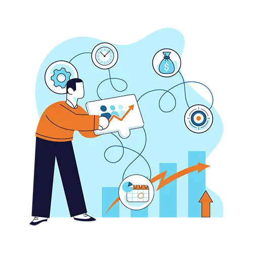 Person holding graph with chart and surrounded by icons