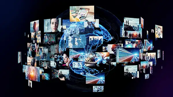 Generated AI images surrounding a globe