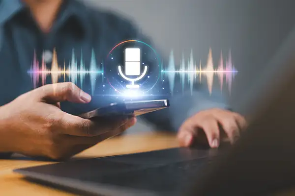 Man using smartphone with virtual microphone Man using smartphone with virtual microphone