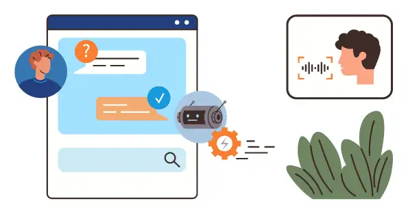 Chat interface with user prompts, chatbot replies, voice input recognition, and a processing bot Chat interface with user prompts, chatbot replies, voice input recognition, and a processing bot