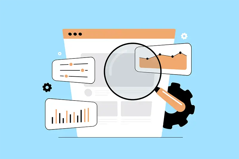 Magnifying glass over browser with analytics