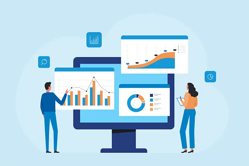 People analyzing charts and graphs on browser screen