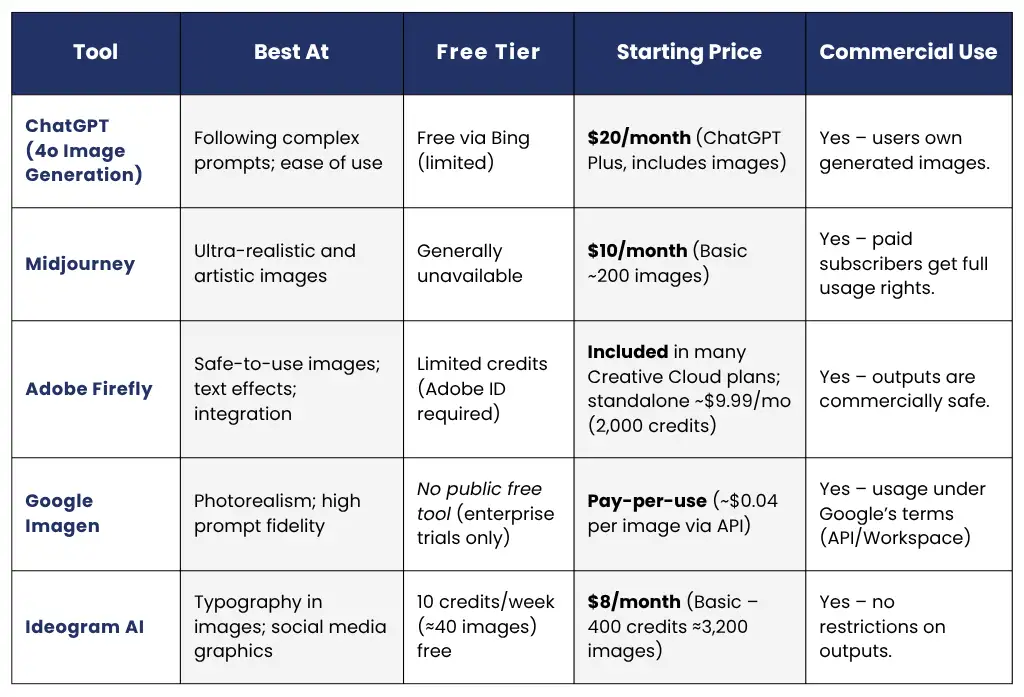 Quick 2025 comparison chart of ChatGPT, Midjourney, Adobe Firefly, Google Imagen, and Ideogram AI