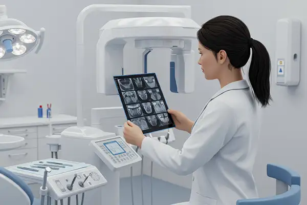Dentist holding x-ray in dental office