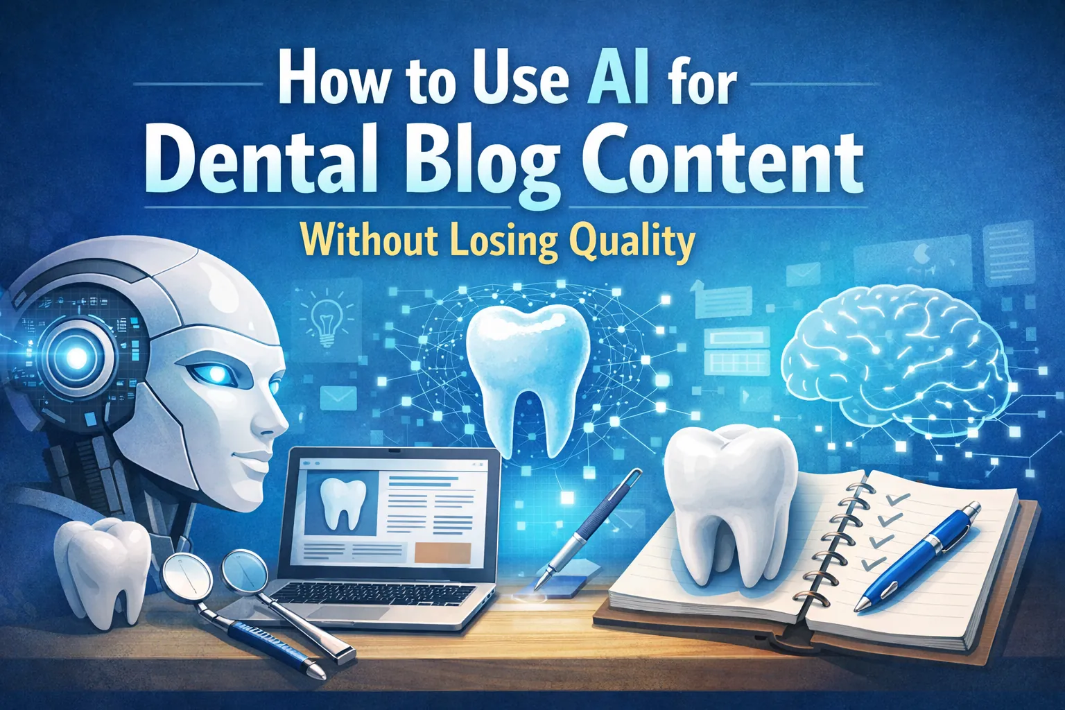AI for dental blog content without losing quality, featuring a dental-themed robot, tooth icons, laptop, and editorial notebook representing AI-assisted dental content writing