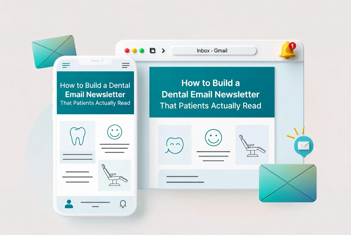 Graphic showing mobile and desktop email newsletter designs for a dental practice, with icons like teeth and smiley faces.