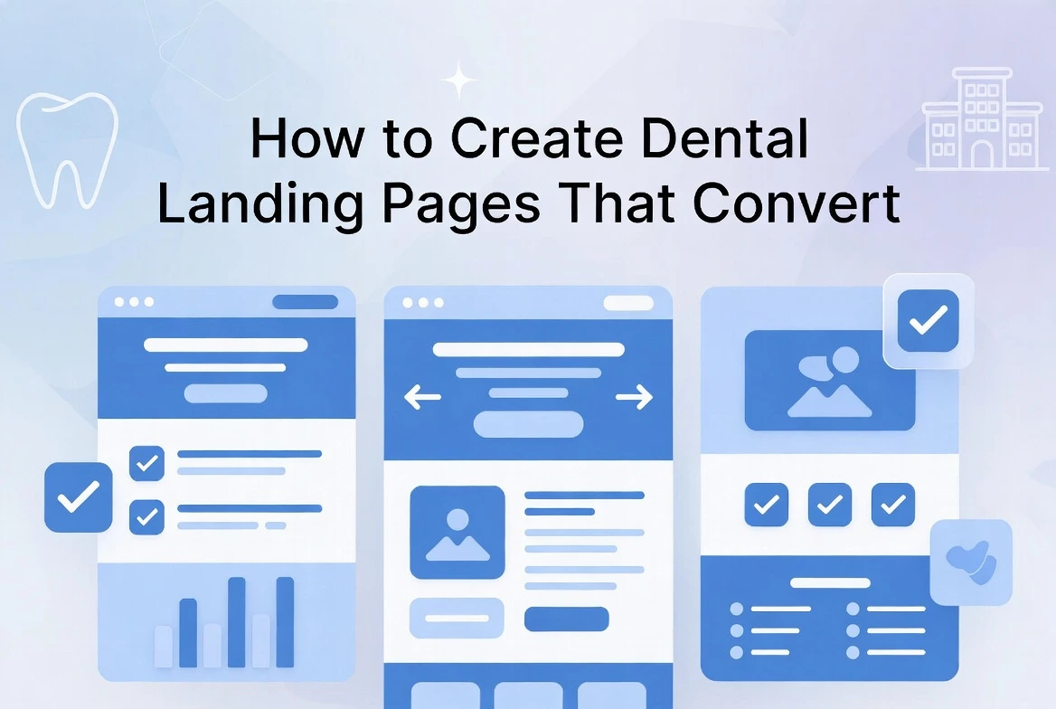 Illustration of high-converting dental landing pages with checklists, form designs, and page layout elements.