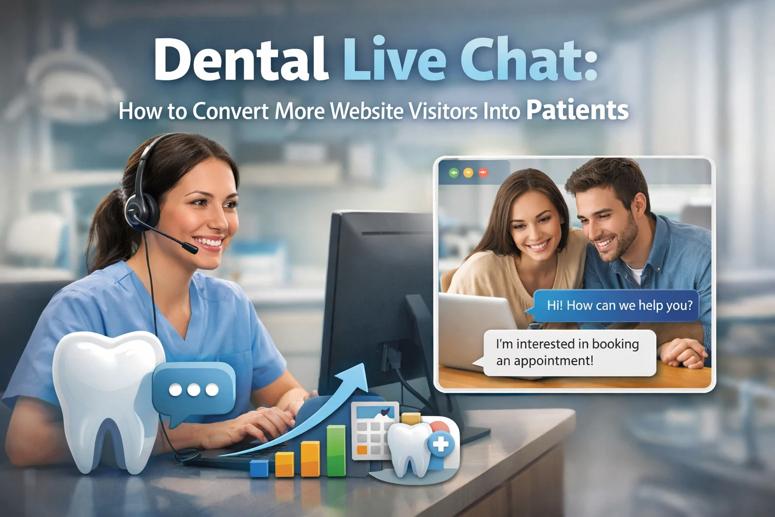 Dental live chat featured image showing a dental office team member using website chat support to help visitors book appointments, illustrating how dental live chat converts website visitors into patients.