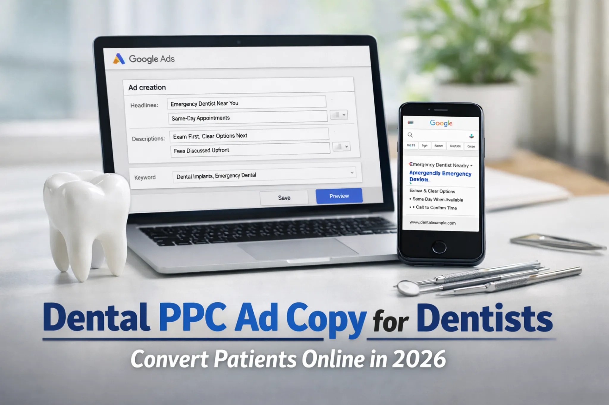 Photo of a laptop and smartphone displaying Google Ads creation screens for dental PPC campaigns, with a tooth model and dental tools nearby.