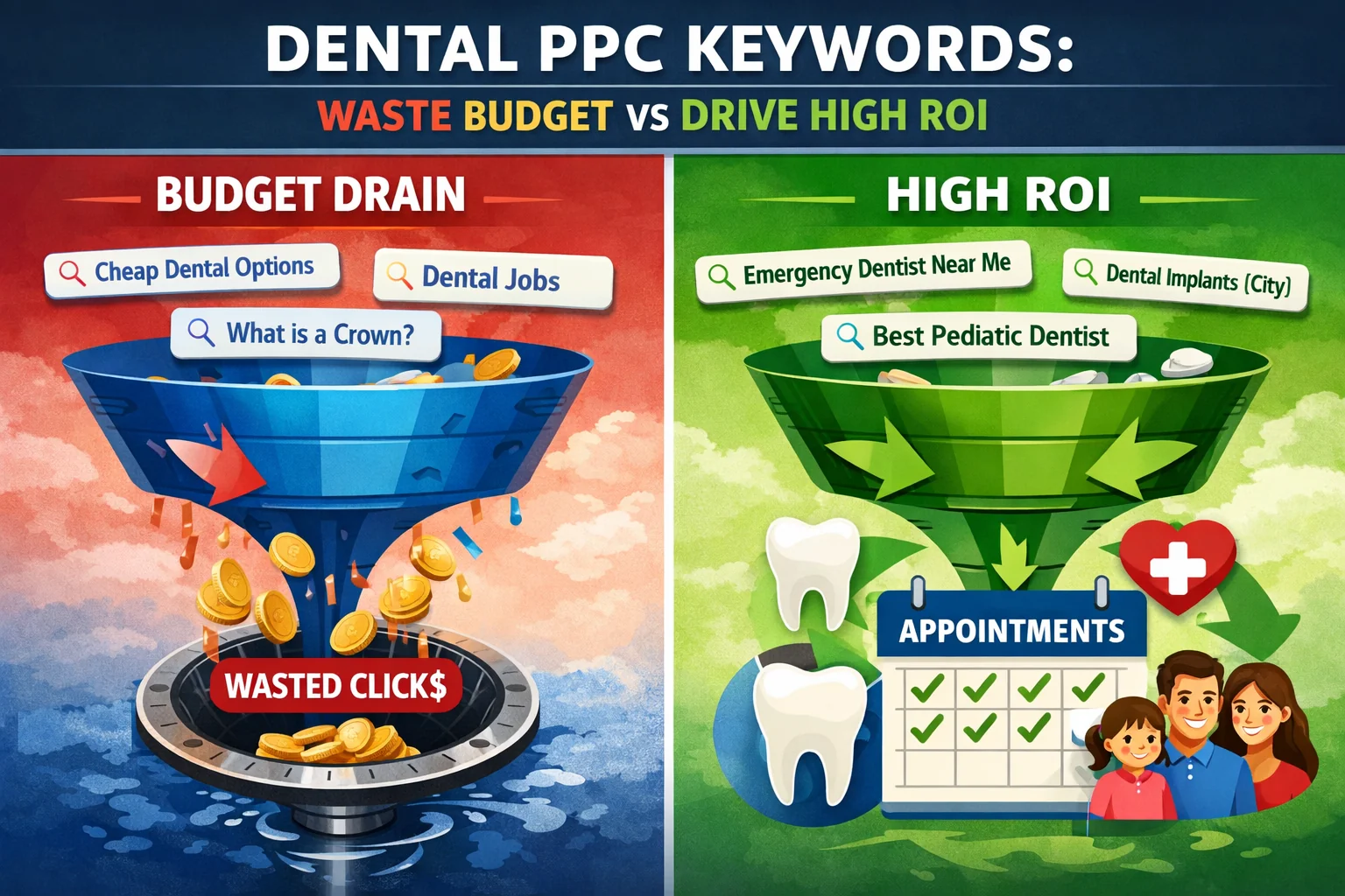 Dental PPC keywords comparison showing wasted budget from low-intent searches versus high-ROI keywords that drive booked dental appointments.