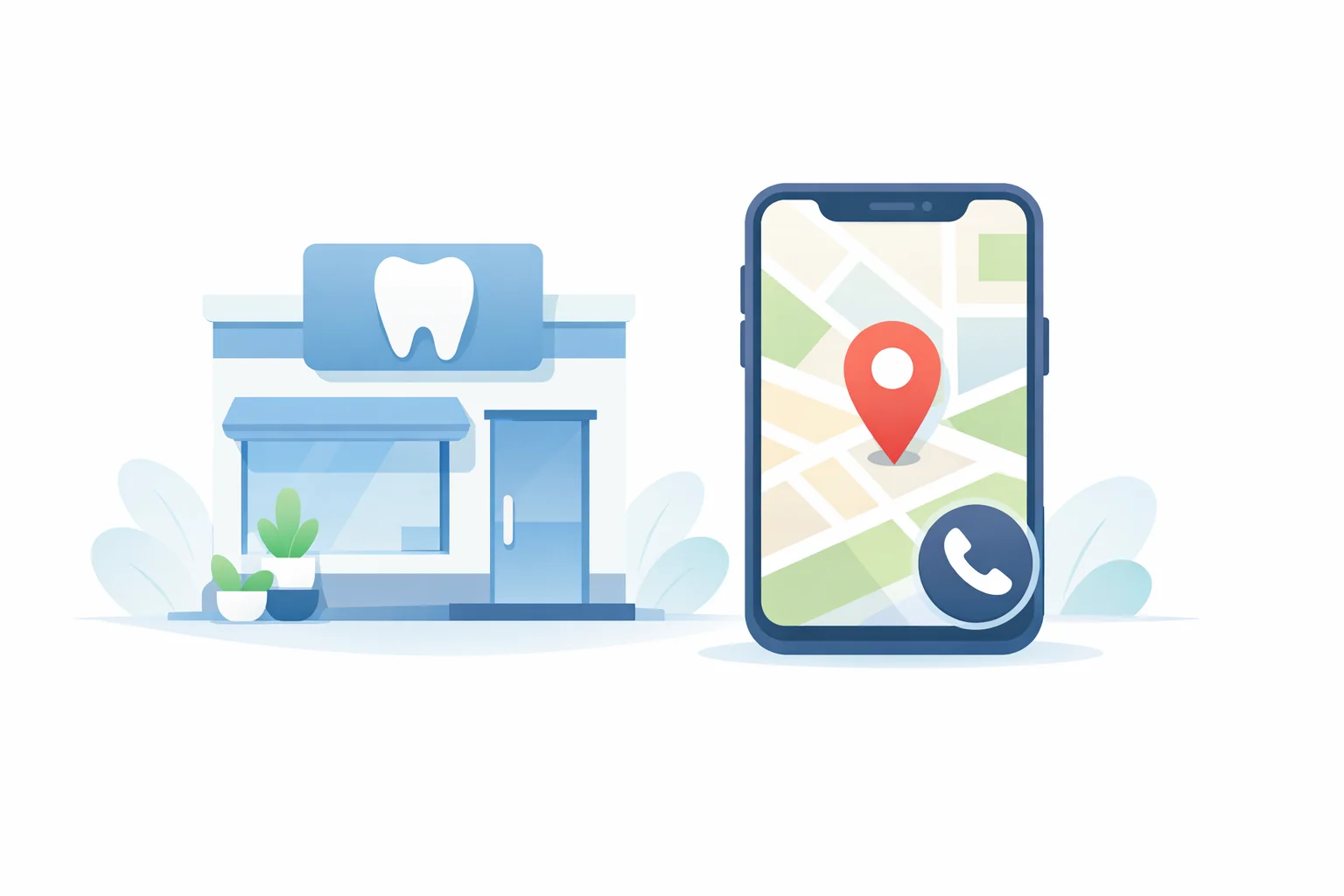 Minimal illustration showing a dental practice storefront beside a phone displaying a map pin and call button, representing local search visibility for dentists.