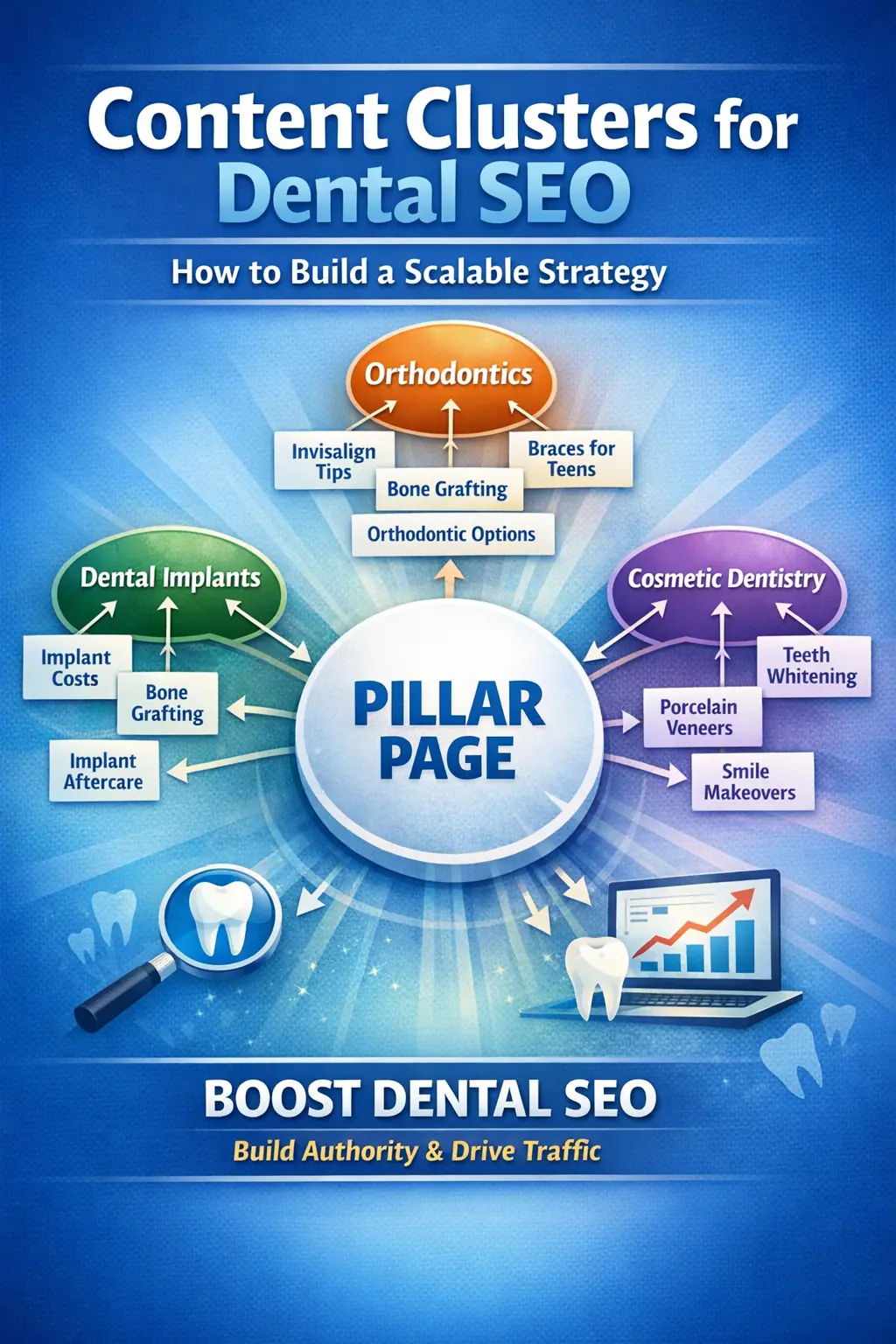 Dental SEO content cluster diagram showing a central pillar page connected to supporting cluster pages like dental implants, orthodontics, and cosmetic dentistry to illustrate scalable dental content strategy and internal linking structure.