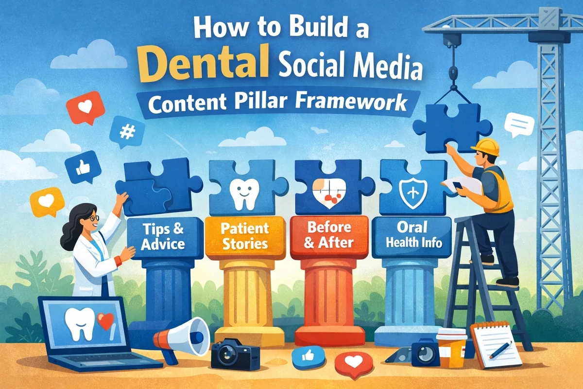 Illustration showing how to build a dental social media content pillar framework with content pillars for tips and advice, patient stories, before and after, and oral health info.