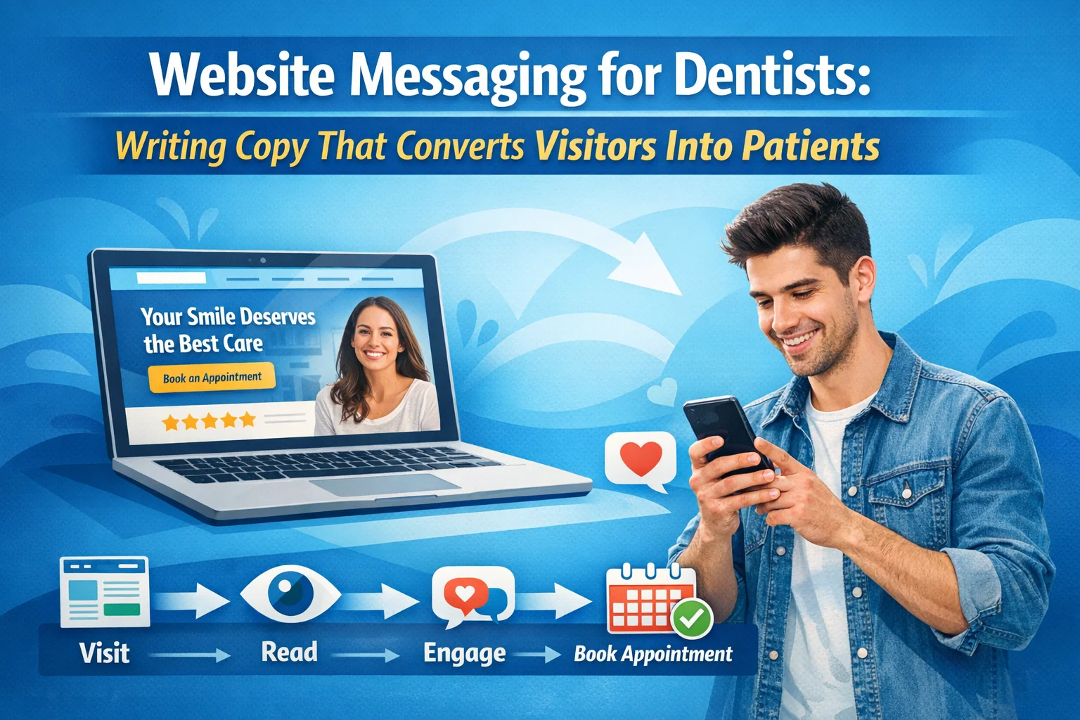 Illustration of a dental practice website on a laptop and patient using a mobile phone showing clear headline copy, reviews, and call-to-action guiding visitors from reading to booking an appointment.