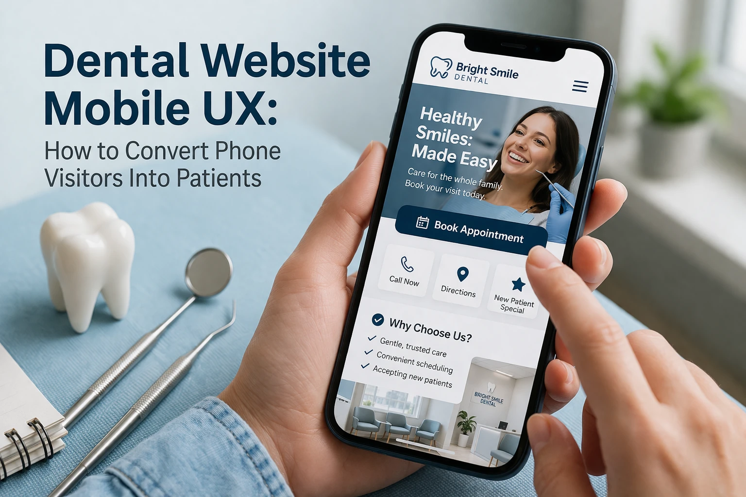Dental website mobile UX example showing a hand using a smartphone dental site with a prominent Book Appointment button in a dental office, illustrating how to convert phone visitors into patients.