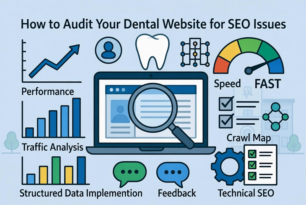 Illustration of a dental website SEO audit showing performance charts, crawl map, structured data, and technical SEO elements.