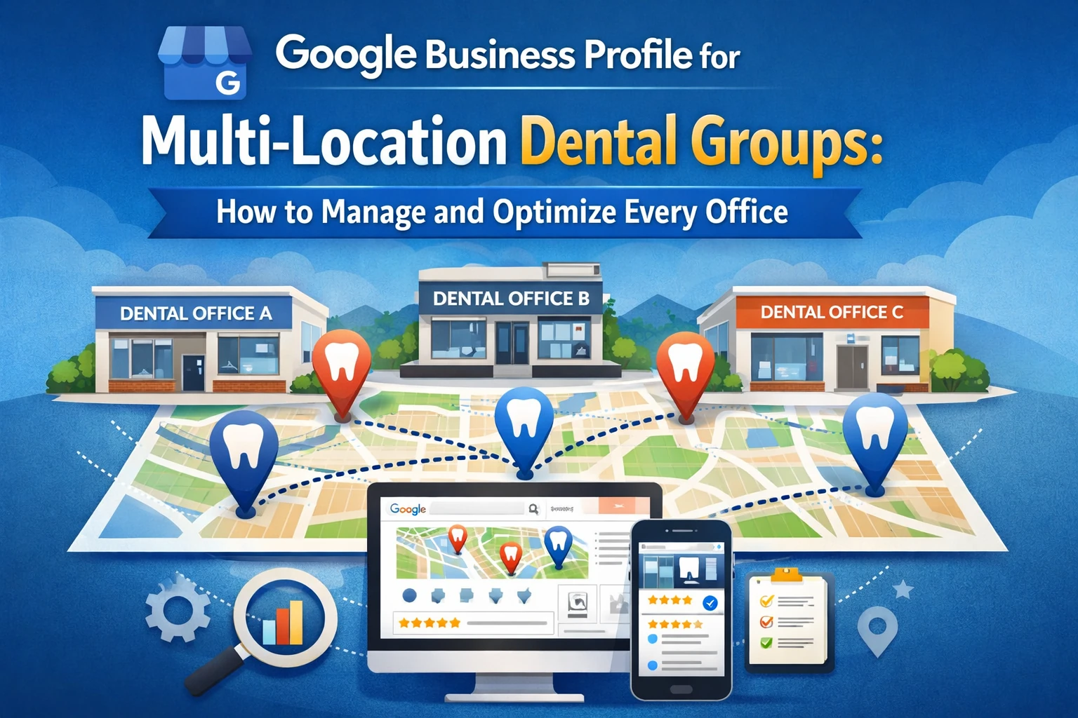 Google Business Profile for multi-location dental groups illustration showing multiple dental offices on a map with local listing management, reviews, and profile optimization for every office.