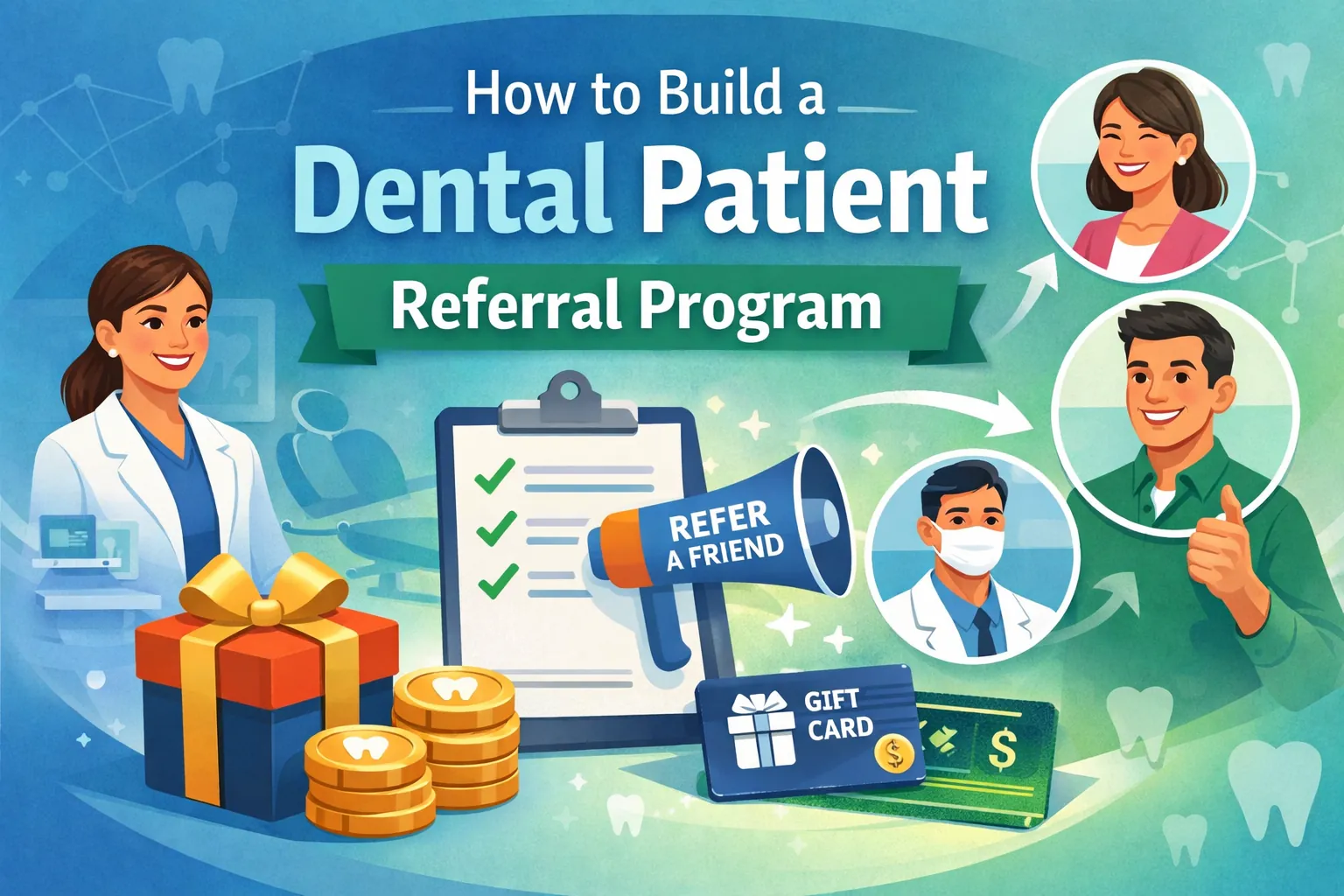 Illustration for how to build a dental patient referral program with dentist, happy patients, referral checklist, gift rewards, and dental practice marketing incentives