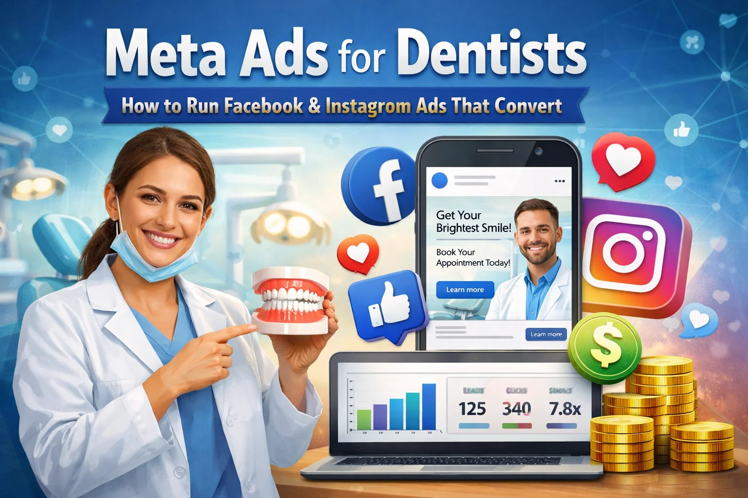 Dentist running Meta ads on Facebook and Instagram showing dental appointment ad on smartphone with analytics dashboard illustrating dental marketing conversions.