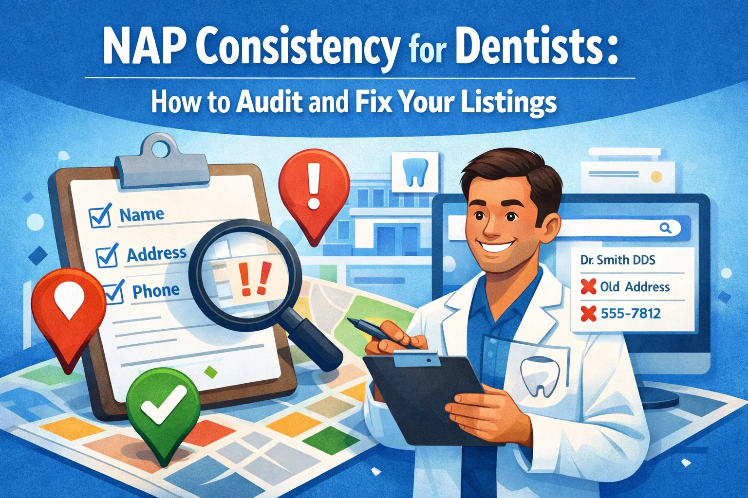 NAP consistency for dentists illustration showing a dentist auditing business listings with a checklist for name, address, and phone number, map pins, and incorrect listing details being fixed.