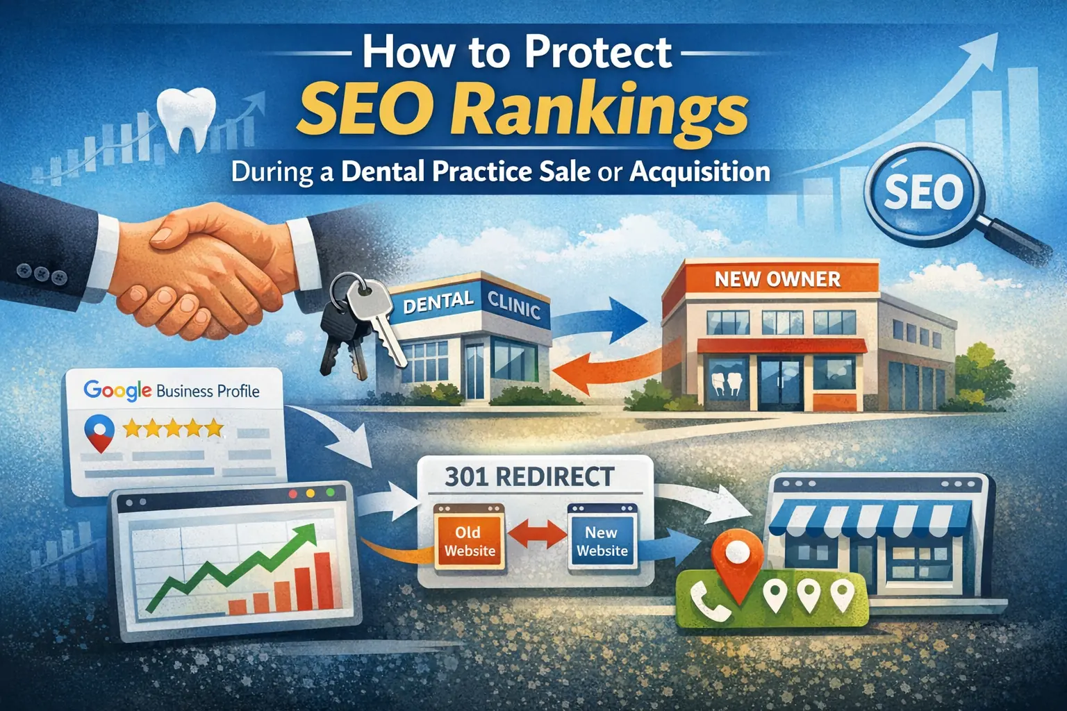 Illustration showing how to protect SEO rankings during a dental practice sale or acquisition, including a practice handoff, Google Business Profile, website migration, 301 redirects, and local search visibility signals.