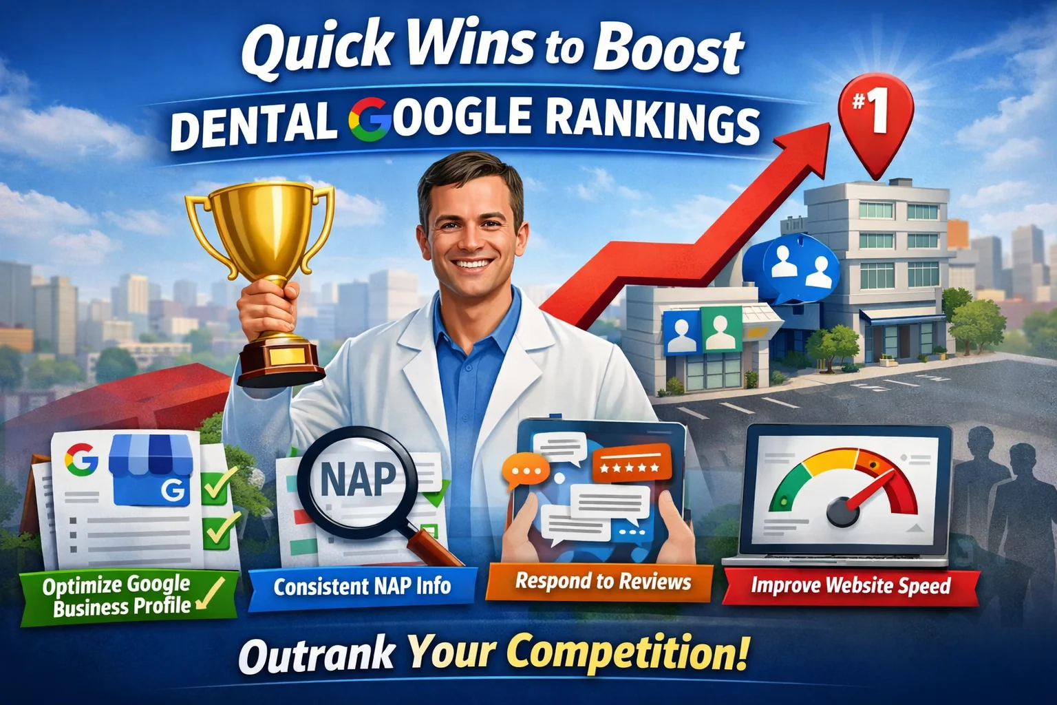 Infographic for dentists about quick Google ranking improvements, featuring a dentist holding a trophy, a rising red arrow to a #1 map pin on a dental office, and icons highlighting Google Business Profile optimization, NAP consistency, fast review responses, and website speed.