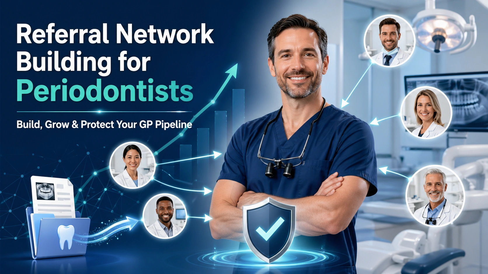 Referral network building for periodontists showing GP dentists connected to a specialist, with growth arrows and protection icons for a stronger referral pipeline