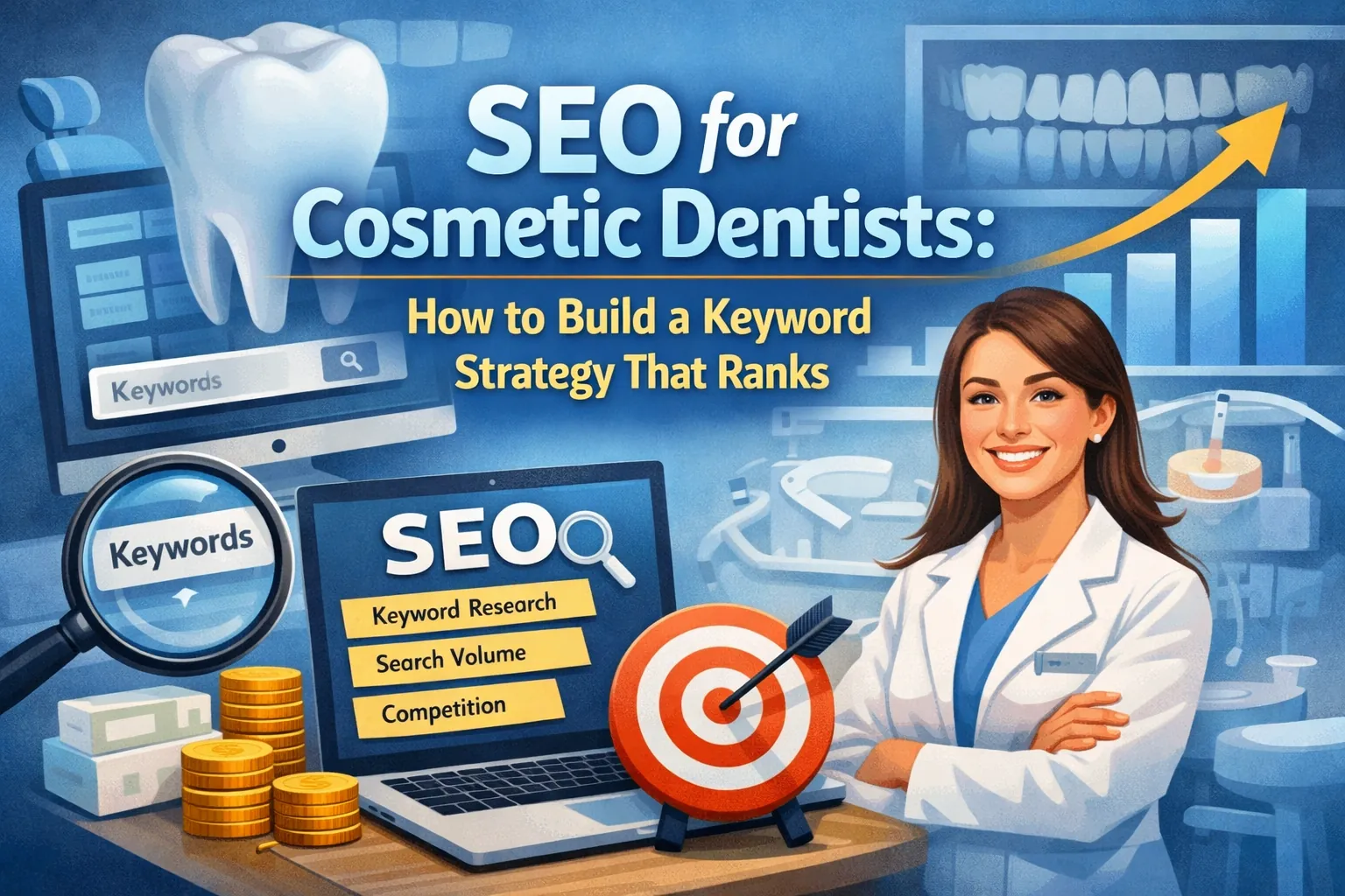 Illustration of SEO for cosmetic dentists showing a dentist, tooth graphic, keyword research screens, search analytics, and a growth chart for building a keyword strategy that ranks.