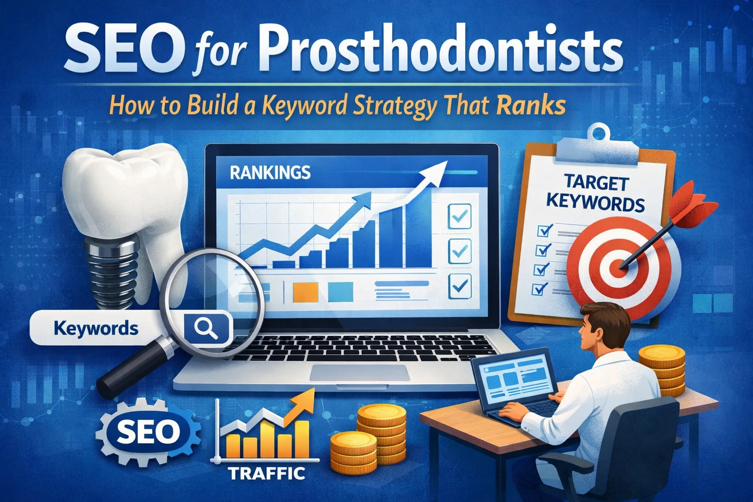 SEO for prosthodontists keyword strategy illustration with dental implant, target keywords checklist, search magnifier, and rising search rankings on a laptop