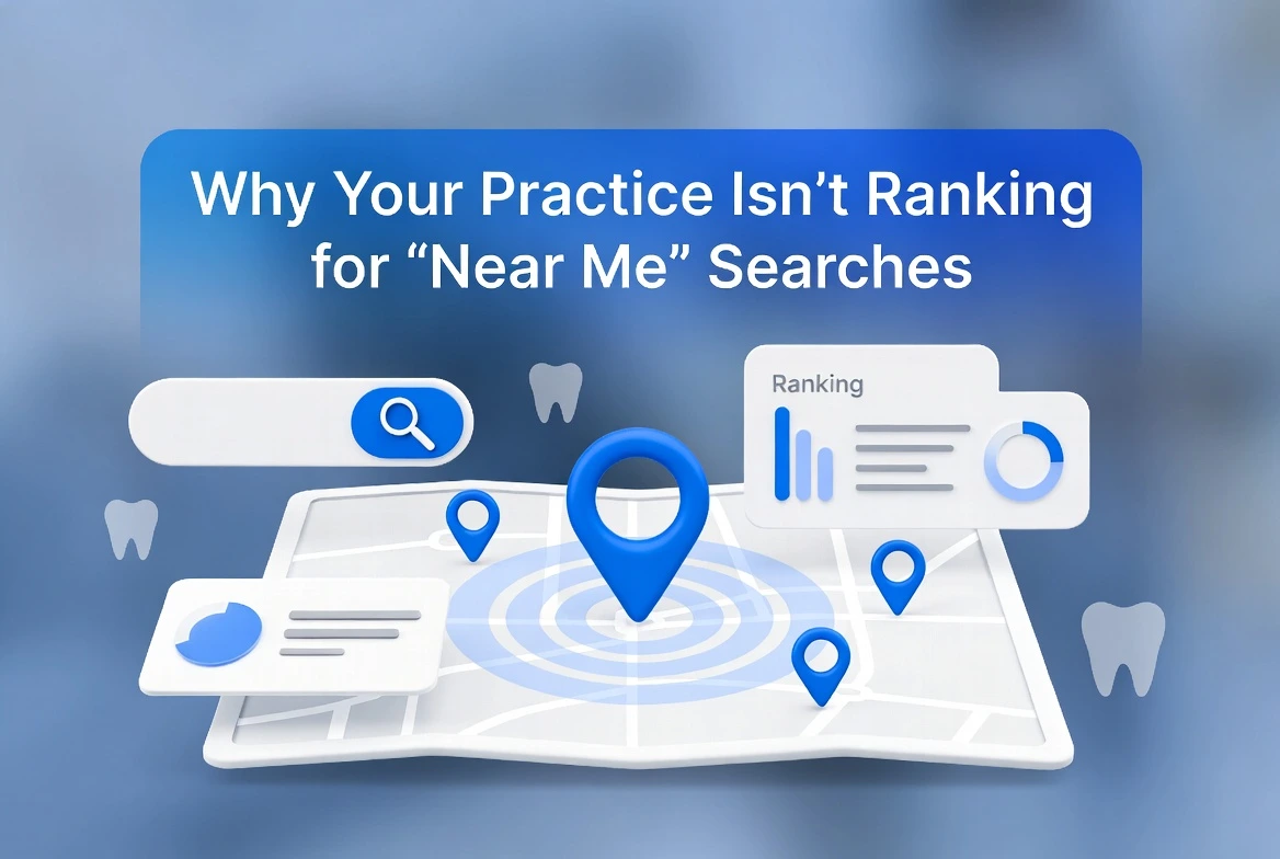 Illustration of a map with blue location pins, search icons, and ranking indicators representing why a dental practice may not rank for ‘near me’ searches.